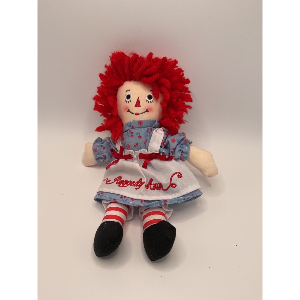 Aurora Raggedy Ann Plush Cloth Doll 8.5" Blue Floral Dress White Apron 2012